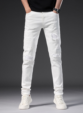 高端白色破洞褶皱补丁牛仔裤男欧货春夏季潮牌修身小脚休闲长裤子