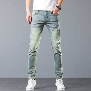 高端复古蓝色牛仔裤男春季新款修身小脚弹力时尚百搭九分长裤子潮