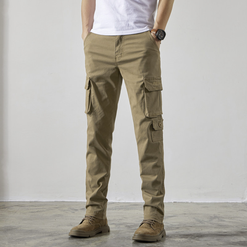 春秋新款卡其色工装裤男潮牌多袋修身小直筒痞帅百搭休闲长裤子男,男装,休闲裤,淘宝优惠券,粉丝福利购,淘宝优惠卷