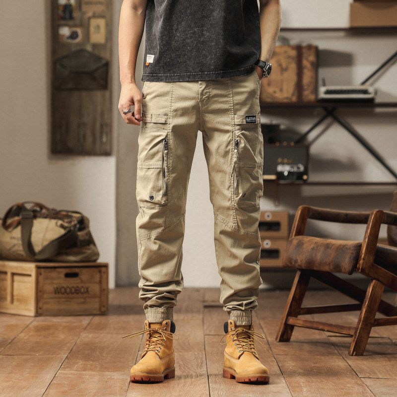 高端潮牌复古美式做旧多口袋工装牛仔裤男款春秋季宽松束脚长裤子