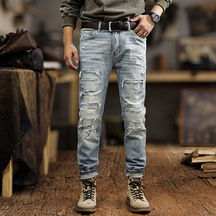 复古破洞补丁牛仔裤男款痞帅水洗做旧修身直筒休闲百搭乞丐长裤子