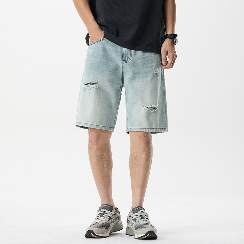 高端潮牌破洞复古牛仔短裤男士夏季新款宽松直筒五分裤水洗中裤子