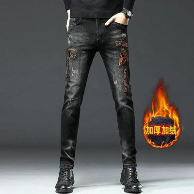 冬季拉链加绒加厚刺绣牛仔长裤