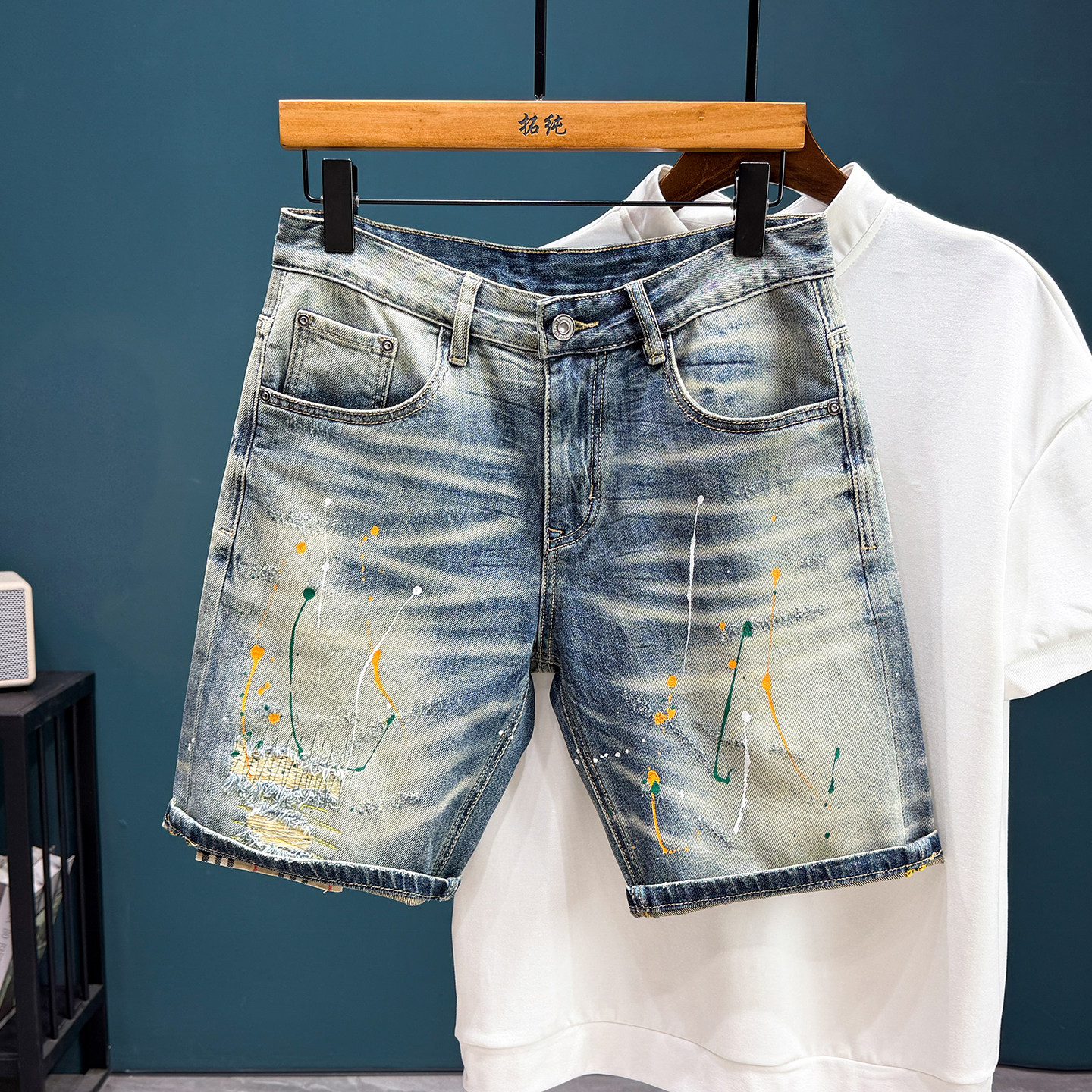复古泼墨牛仔短裤男破洞补丁做旧五分裤潮牌百搭修身直筒中裤潮流