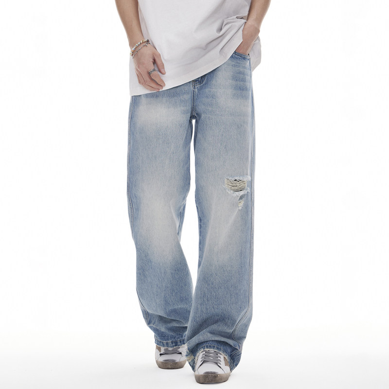 美式复古破洞牛仔裤男宽松直筒高街潮牌百搭刮烂轻扎花休闲长裤子
