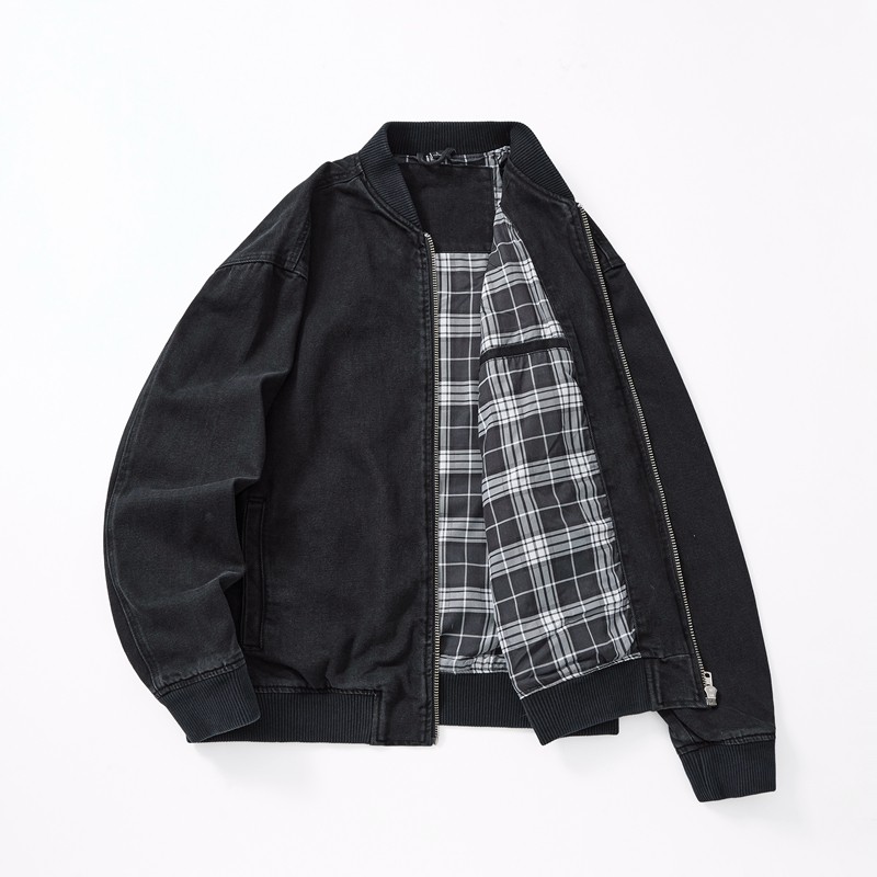 高品质潮牌复古拉链立领黑色牛仔外套男款春秋季宽松休闲夹克上衣