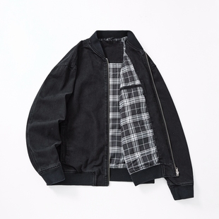 高品质潮牌复古拉链立领黑色牛仔外套男款春秋季宽松休闲夹克上衣