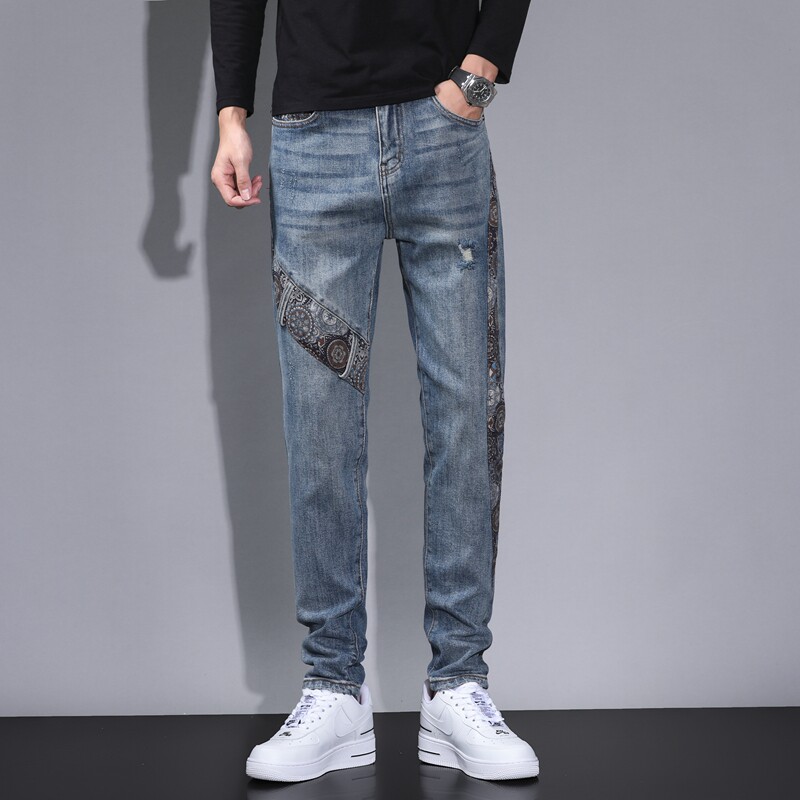 美式高端拼接牛仔裤男款修身小脚长裤破洞复古高街百搭休闲长裤子