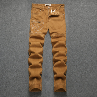 高端多口袋印花工装牛仔裤男款春秋季美式复古做旧修身直筒长裤子