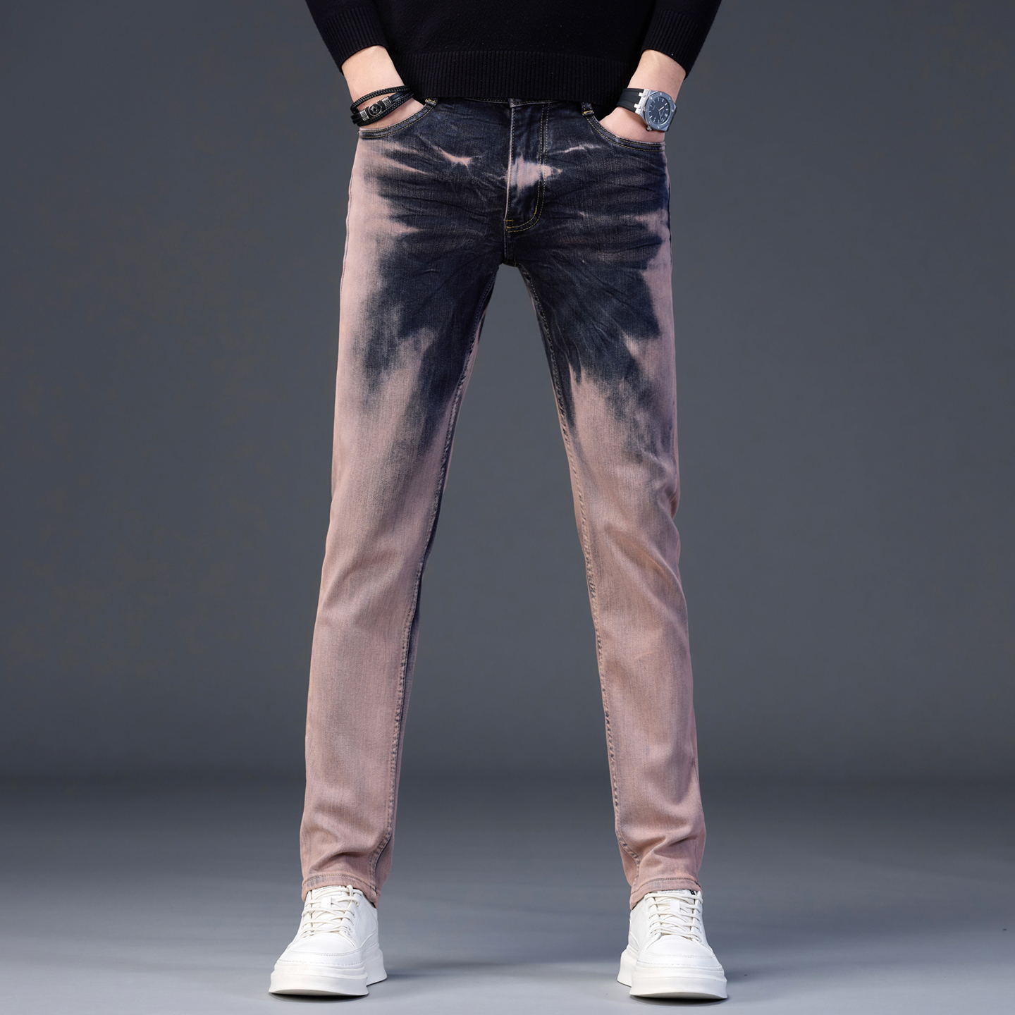 稻草青依高端不规则修身牛仔裤