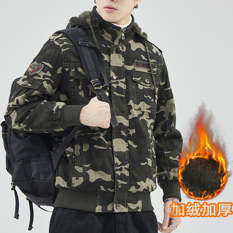 冬季加绒加厚迷彩工装休闲外套男士潮牌宽松大码工作棉服棉衣男装