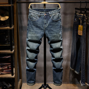 高端复古口袋刺绣牛仔裤男款潮牌印花水洗做旧弹力修身小脚裤子男
