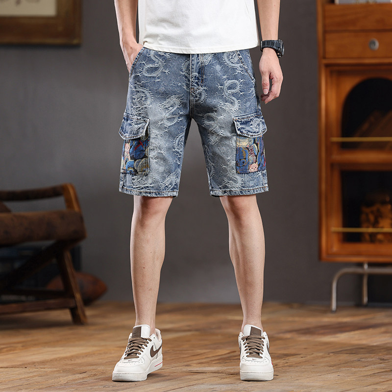 夏季新款牛仔短裤男时尚百搭工装五分裤刺绣小熊宽松直筒中裤潮流
