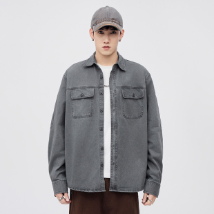 潮牌痞帅宽松休闲长袖 男春秋季 衬衣外套 牛仔衬衫 高端日系复古工装