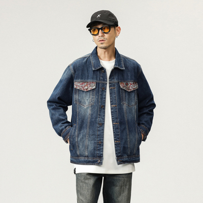 春秋季翻领宽松拼色牛仔外套