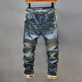 潮流青年拼接九分裤 高端刺绣破洞牛仔裤 韩版 小脚裤 潮牌 男弹力修身