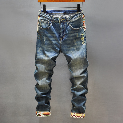 欧美刺绣韩版潮流青年拼接九分裤