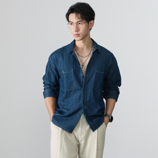 汉麻宽松百搭翻领衬衣外套韩版 美式 男士 牛仔衬衫 潮流 复古水洗长袖