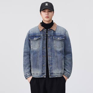 美式复古加绒加厚牛仔外套男款秋冬季翻领拼色宽松痞帅棉衣夹克男