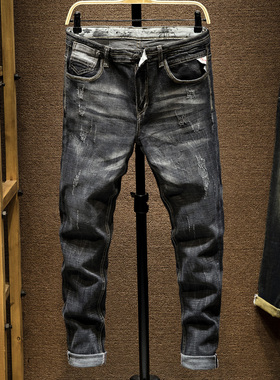 2025年秋季新款男士黑灰色牛仔裤韩版潮流青年小直筒弹力修身裤子