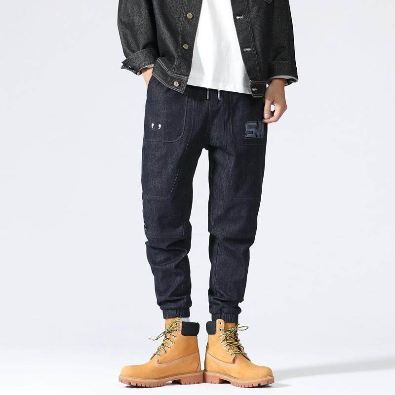 立体刺绣痞帅牛仔裤男秋冬款松紧腰哈伦裤宽松束脚休闲工装长裤子