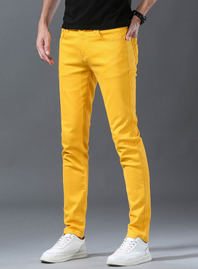 2022年夏季薄款黄色牛仔裤男士弹力修身小脚百搭休闲长裤子男潮牌