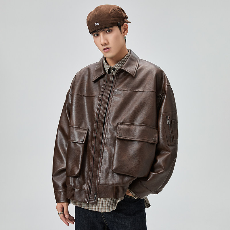 秋冬新款美式翻领皮衣夹克男设计感休闲机车服PU皮飞行员短款外套,男装,皮衣,淘宝优惠券,粉丝福利购,淘宝优惠卷