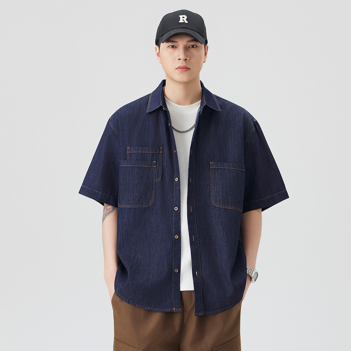 工装风牛仔短袖衬衫男士高级感穿搭痞帅夏季新款宽松休闲美式外套