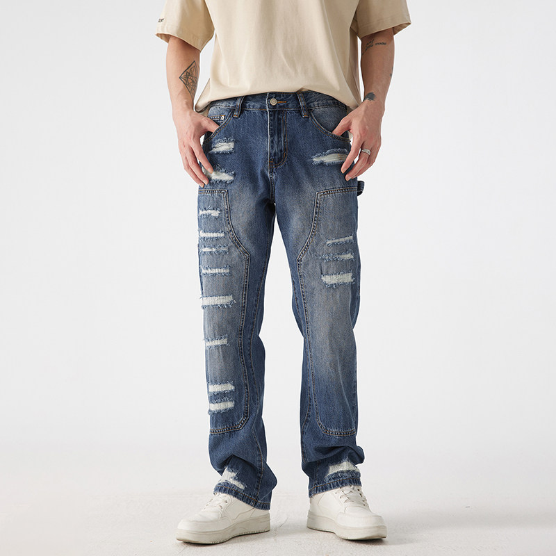 美式高街工装破洞补丁牛仔裤男宽松直筒春秋季拼接休闲长裤子潮流,男装,牛仔裤,淘宝优惠券,粉丝福利购,淘宝优惠卷