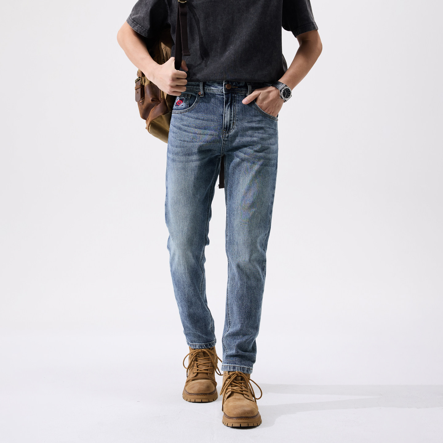 高端九分牛仔裤男春秋新款潮牌蓝色弹力修身小直筒复古长裤子潮流