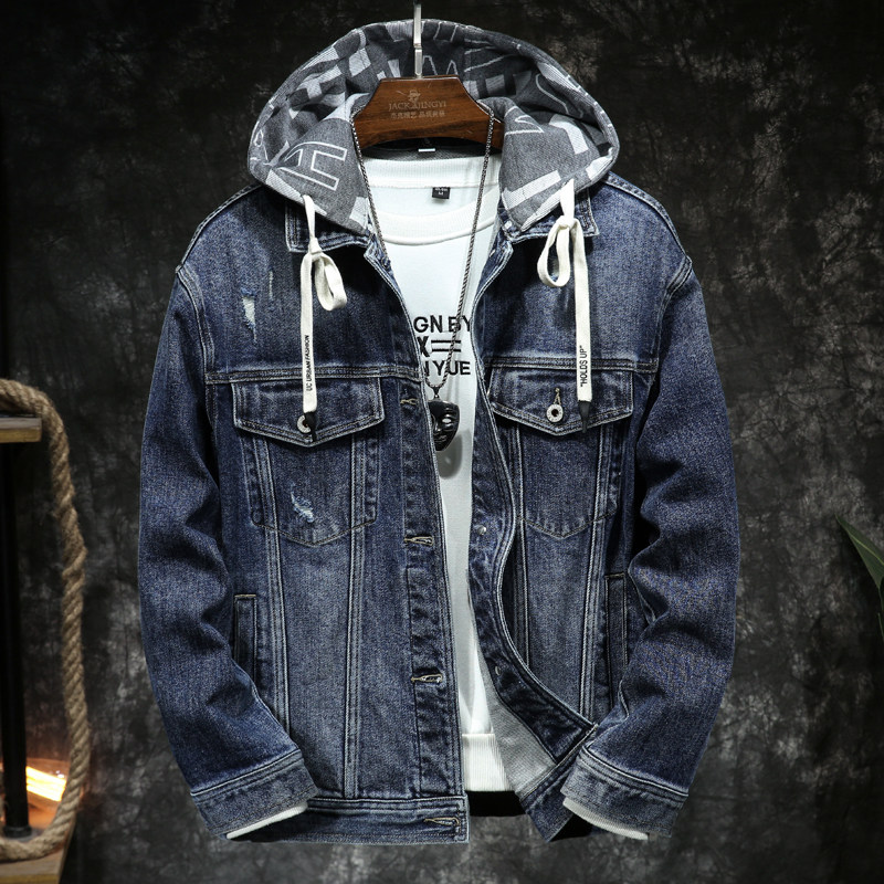 连帽牛仔外套男款春秋季潮牌宽松大码假两件夹克青少年学生上衣服