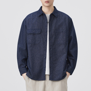 高端日系水洗纯棉牛仔衬衫 潮牌痞帅宽松简约休闲衬衣外套 男春秋季