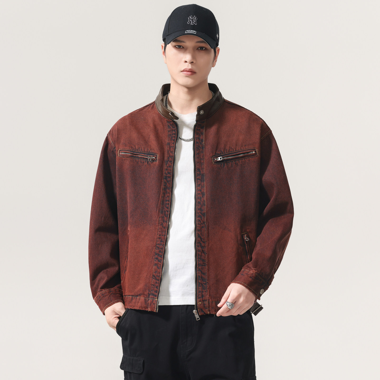 春季复古立领拉链机车夹克男