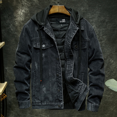 冬季黑色加绒牛仔外套男士连帽保暖夹克加厚棉衣外衣工装休闲上衣