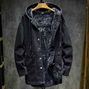 连帽加绒牛仔外套男冬季加厚保暖中长棉衣bf港风宽松大码潮牌夹克