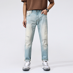 高端美式复古水洗磨白破洞补丁牛仔裤男春夏季刺绣修身小脚长裤子