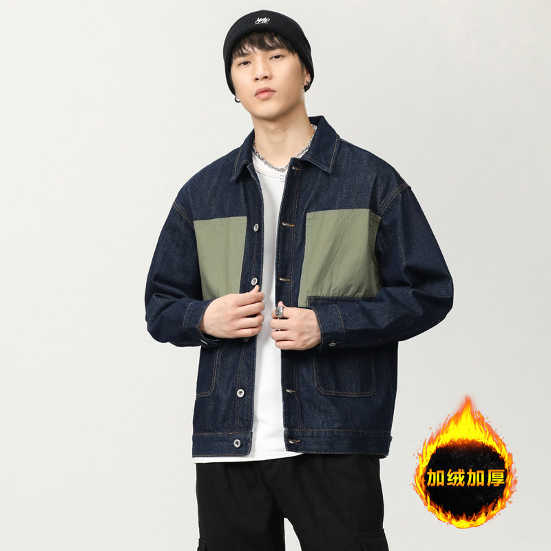秋冬季翻领宽松加绒加厚牛仔外套