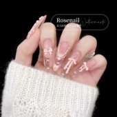 缎带仙踪猫眼手绘穿戴甲可爱蝴蝶结美甲贴片甜美可拆卸假指甲529