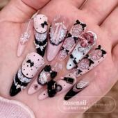 暮纱絮语手绘蕾丝黑粉甜酷少女穿戴甲显白法式 美甲贴片假指甲533