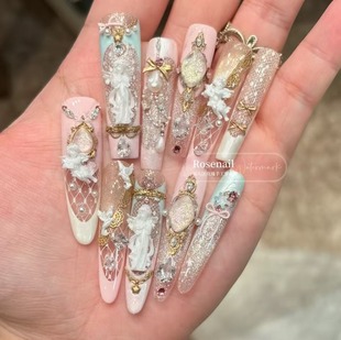 圣翼缠金小红书同款穿戴甲巴洛克复古猫眼天使美甲贴片可拆卸546