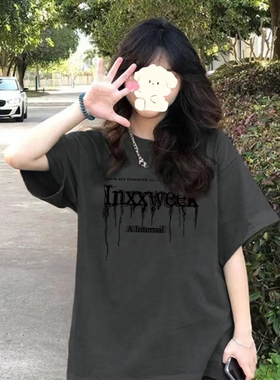 正肩t恤女短袖夏季纯棉2026新款港味chic美式上衣深灰色半袖夏装