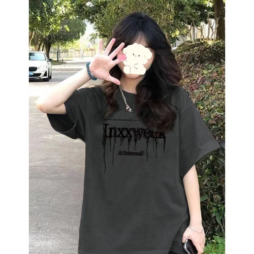 正肩t恤女短袖夏季纯棉2026新款港味chic美式上衣深灰色半袖夏装