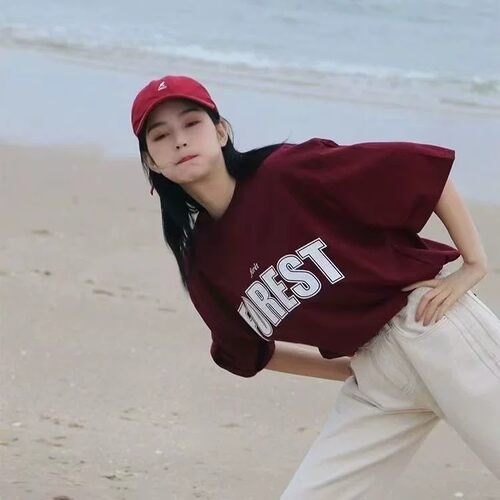 vintage酒红t恤女夏季短袖设计感小众chic港味复古宽松显瘦上衣潮