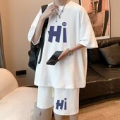 套装 短裤 男夏季 t恤衫 两件套 宽松字母印花半袖 冰丝重磅华夫格短袖