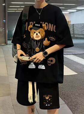 休闲套装男夏季青少年胖男孩帅气运动初中学生短袖T恤靓仔两件套