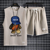 男士 休闲无袖 夏季 男装 篮球运动两件套 宽松大码 华夫格坎肩背心套装