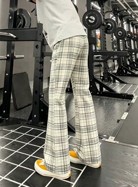 白色美式格子涂鸦裤子男款秋冬季直筒卫裤潮牌hiphop运动休闲裤