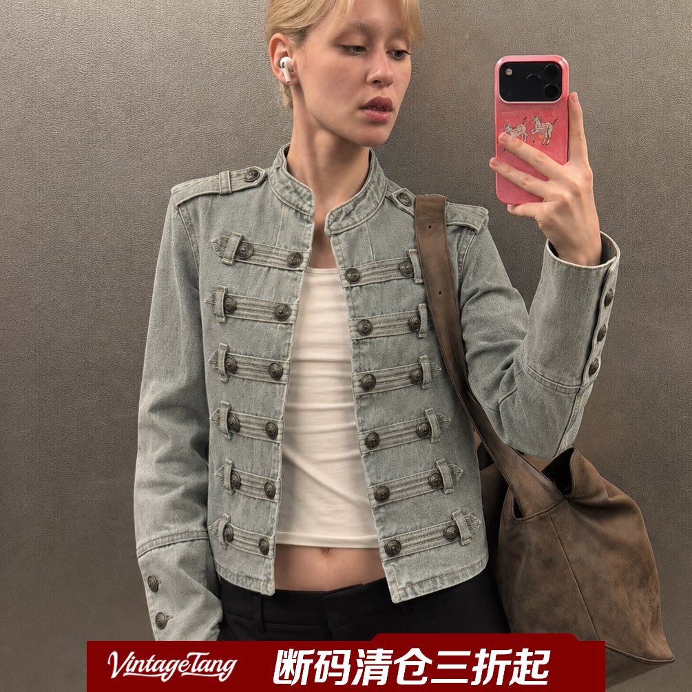 【断码清仓】拿破仑双排扣重工牛仔外套女短款显瘦立领夹克骁苄