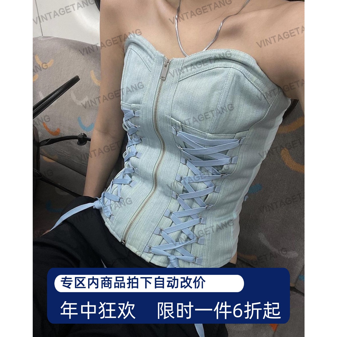 VintageTang美式复古纯欲牛仔绑带辣妹抹胸女夏季外穿上衣嘉伍