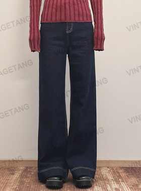 VintageTang复古深蓝高腰丹宁阔腿牛仔裤女加长直筒拖地长裤壕萬
